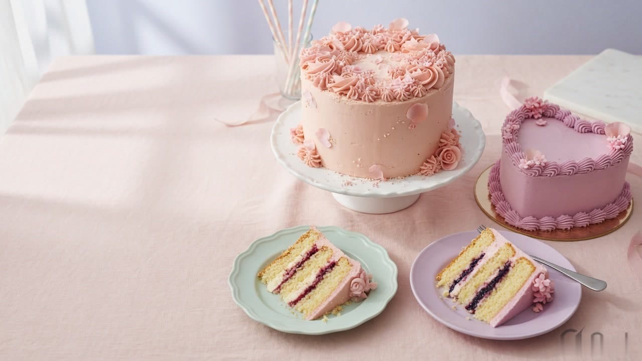 Pink celebration cake and a heart-shaped cake on a studio table